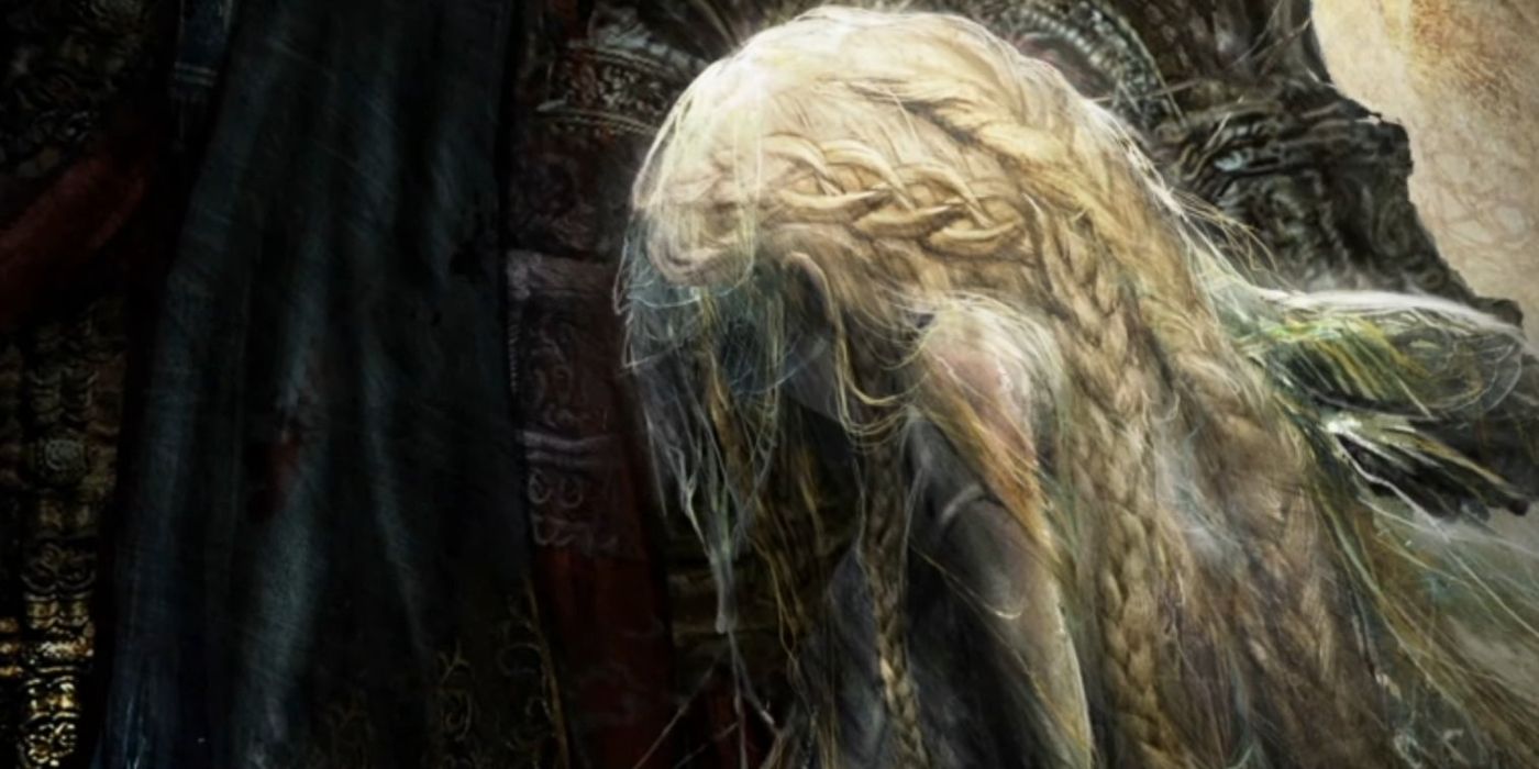 Artwork of Miquella in Elden Ring's opening cutscene, identified by his golden hair standing next to Mohg.