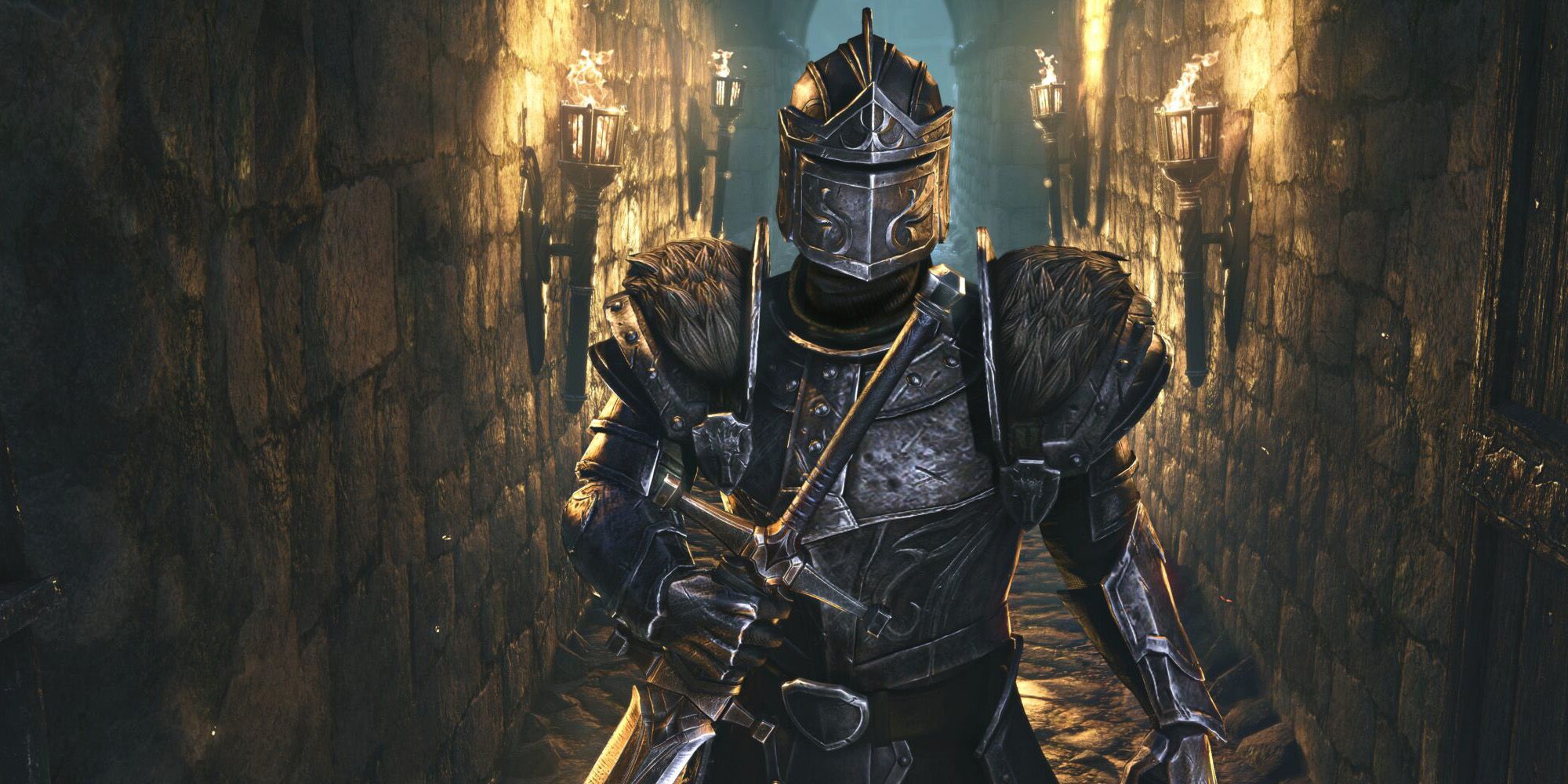 A knight walks down a hall from Elder Scrolls Online 