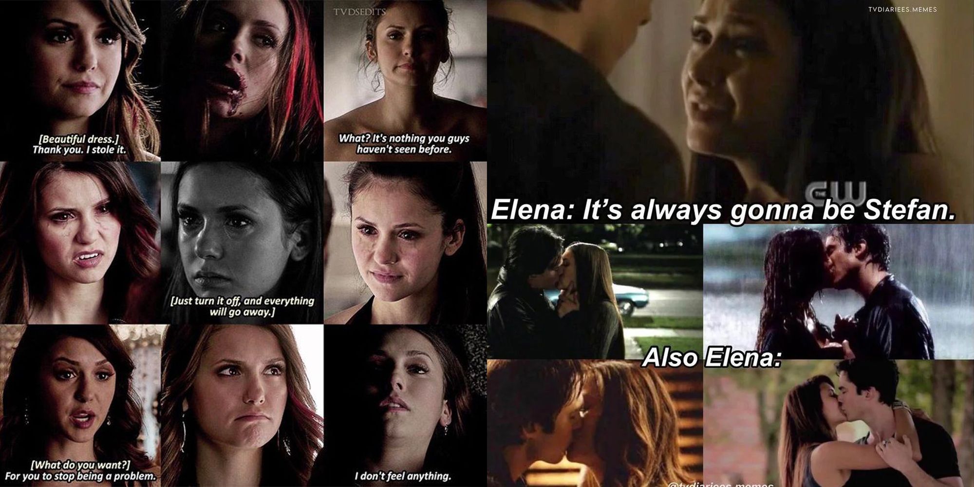 Split images of memes about Elena from TVD.