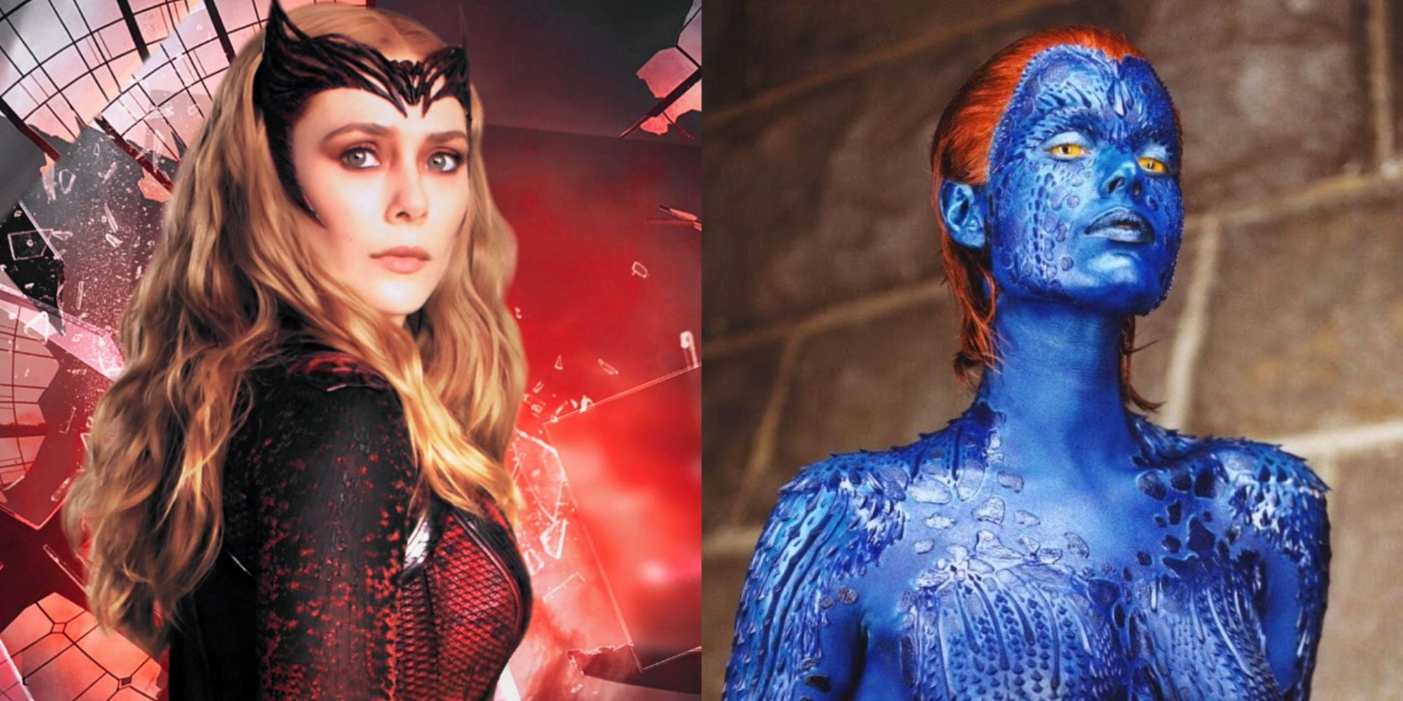 Split image showing Scarlet Witch and Mystique.