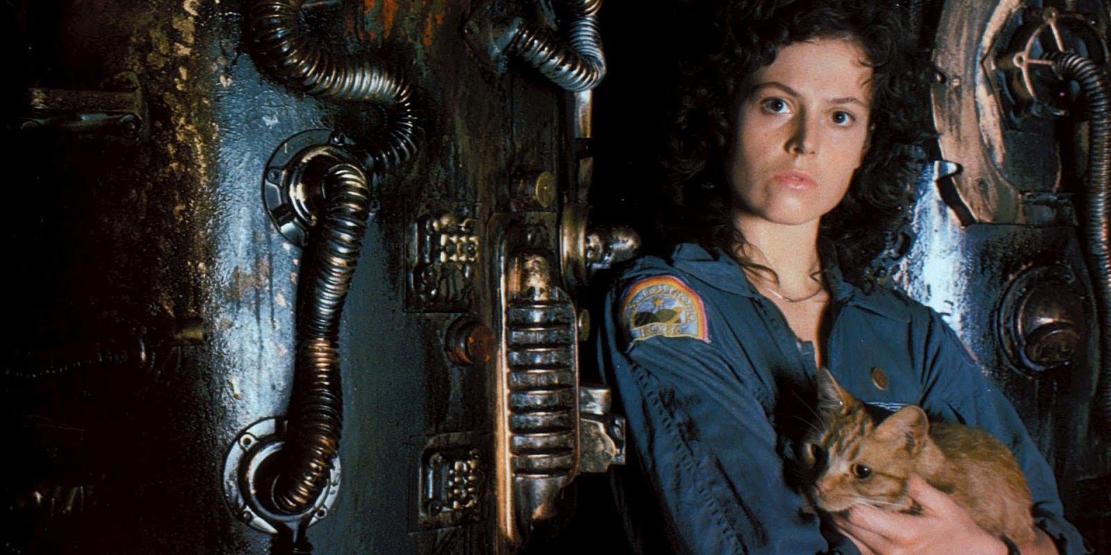Ripley holding a cat while aboard the ship