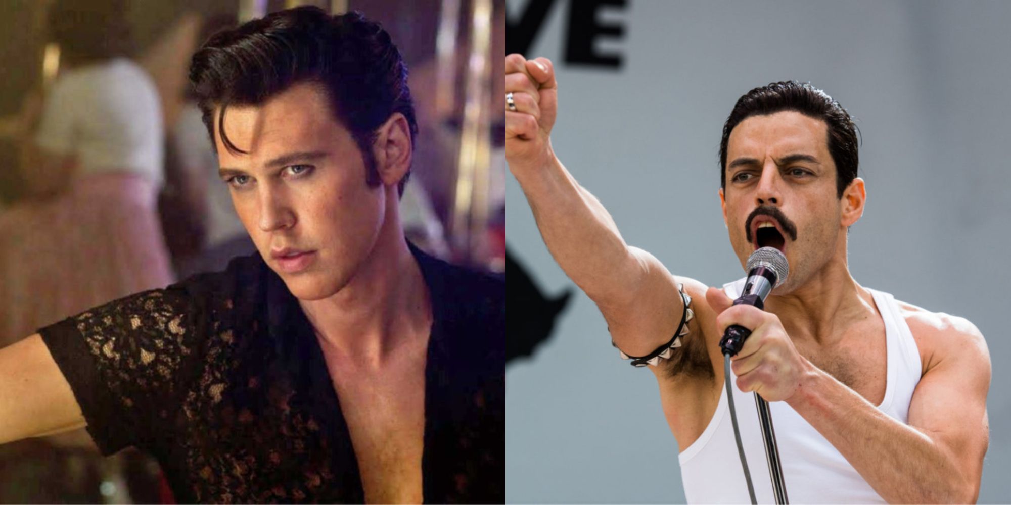 Split image of Austin Butler in Elvis and Rami Malek in Bohemian Rhapsody