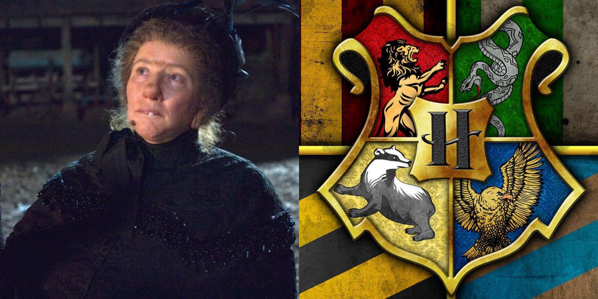 Split image showing Emma Thompson in Nanny McPhee and the Hogwarts emblem.