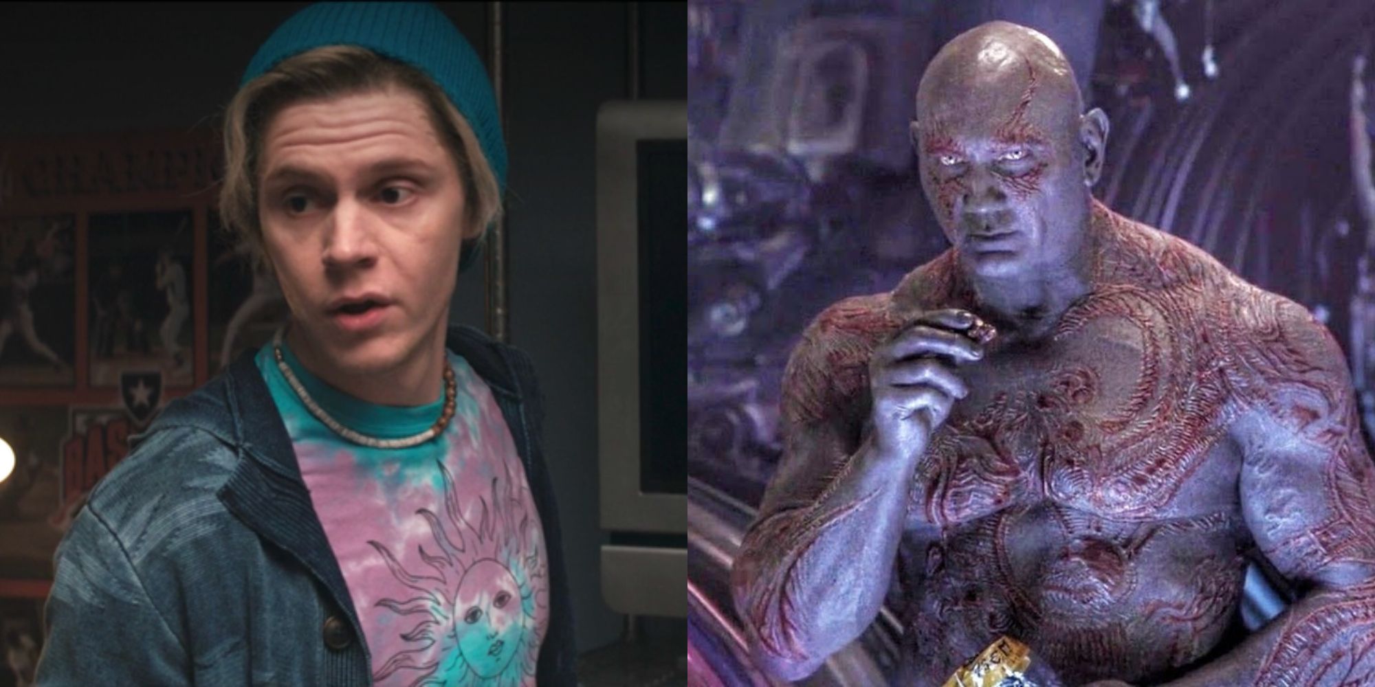 Split image showing Ralph Bohner in WandaVision and Drax in Infinity War.