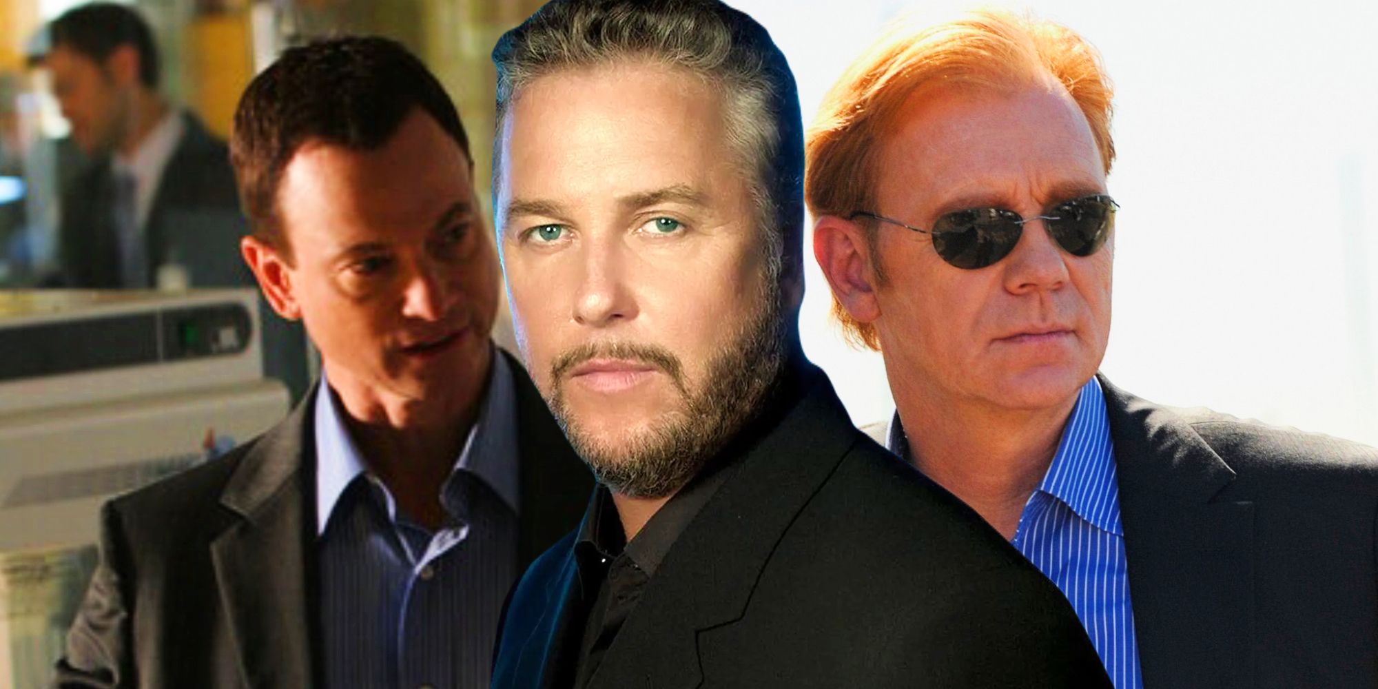 A blended image features CSI characters Taylor, Grissom, and Caine