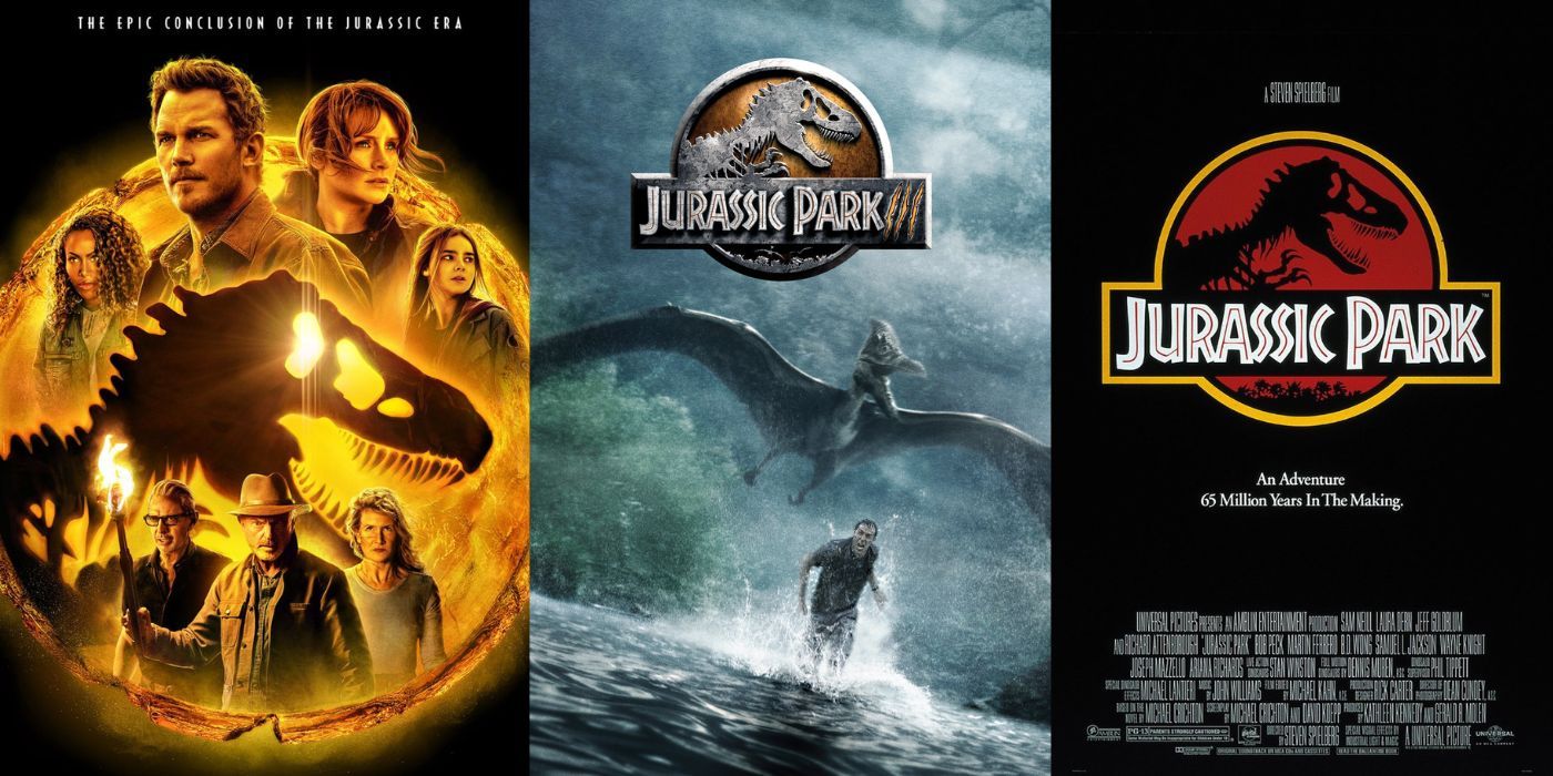A split image for Jurassic Park: Fallen Kingdom, Jurassic Park, and Jurassic Park: Dominion