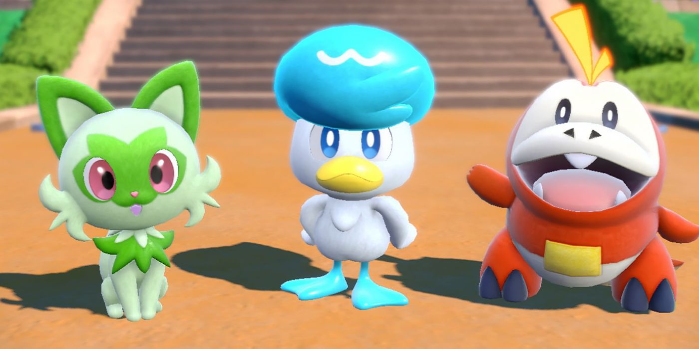 The three Starter Pokémon from Scarlet and Violet, Sprigatito, Quaxly, and Fuecoco, standing together.