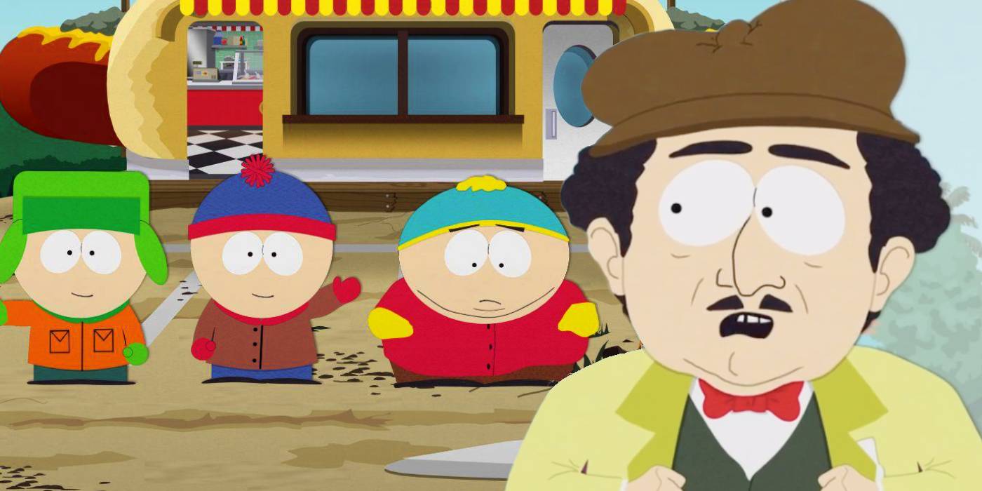 Kyle, Stan e Cartman conversando com um homem em South Park.
