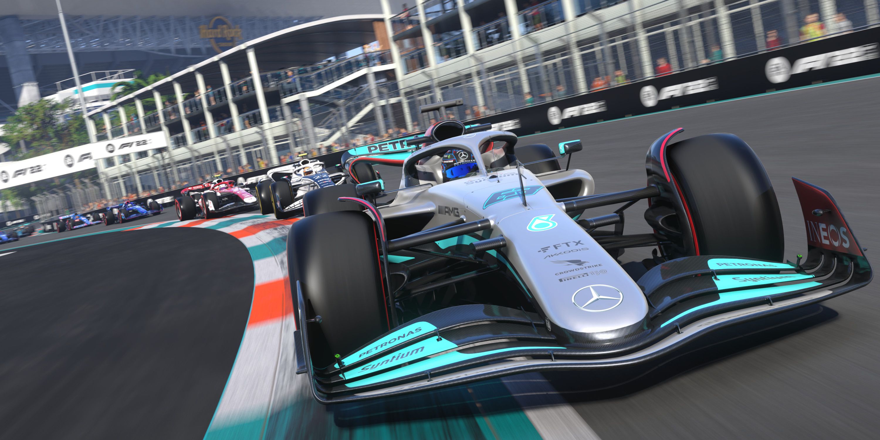 F1 22 Preview Miami mostrando um carro Mercedes na pista