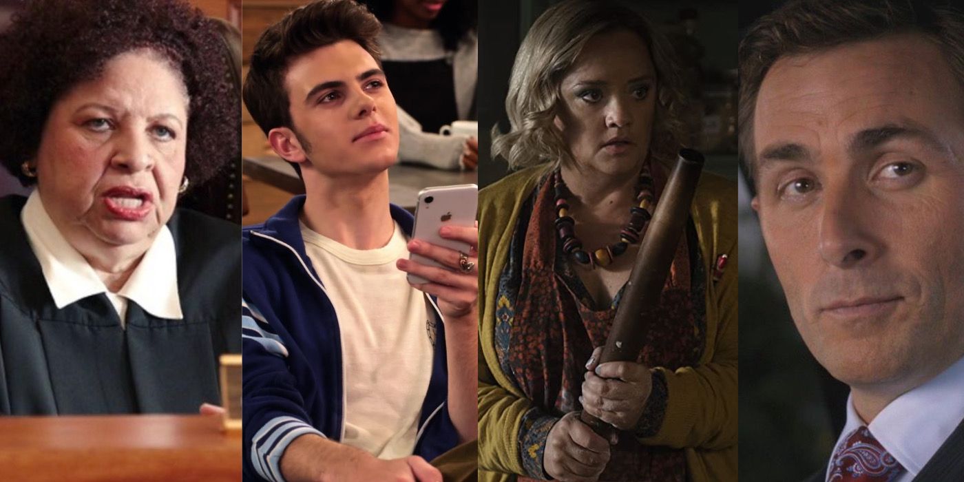 From left to right, Patricia Belcher, Reed Horstmann, Lucy Davis, and James Patrick Stuart, are shown in images of their past roles