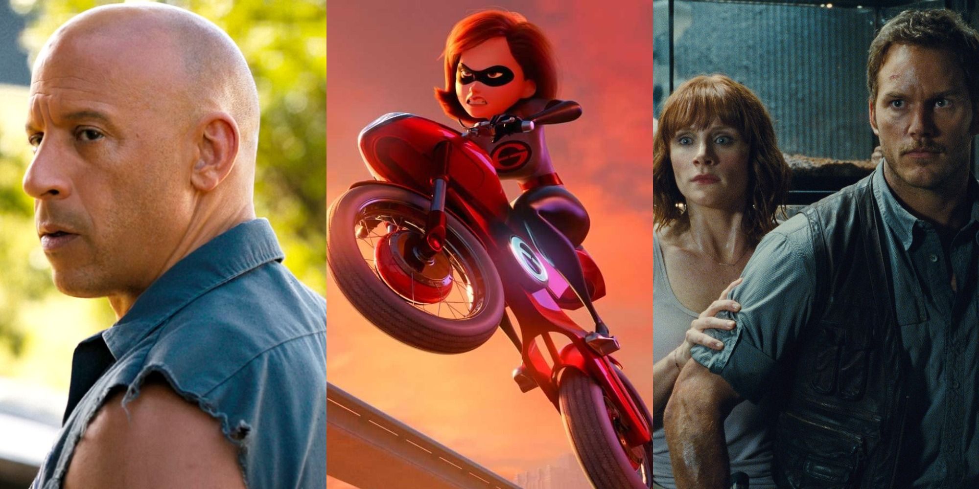 Split image of F9, Incredibles 2 and Jurassic World