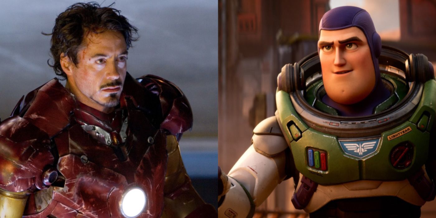 A picture of Tony Stark with his helmet off is next to an image of Buzz from Lightyear