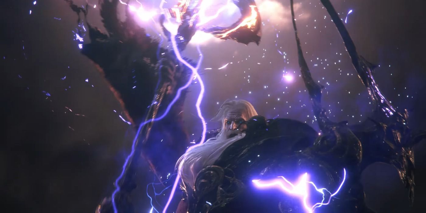 Ramuh from Final Fantasy 16, covered in purple lightning while sparks swirl.