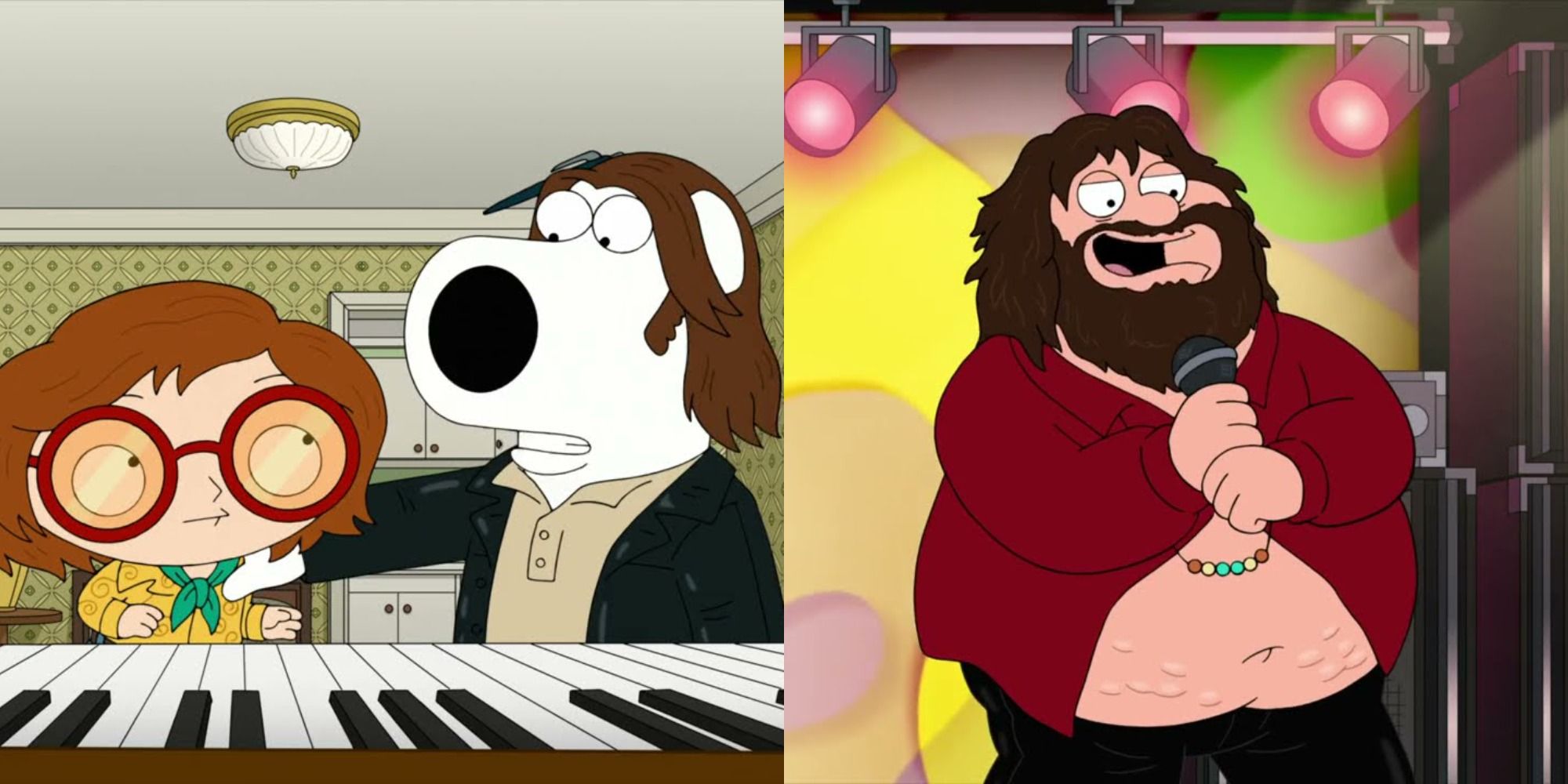 Split image showing Stewie as Elton John and Peter as Jim Morrison in Family Guy.