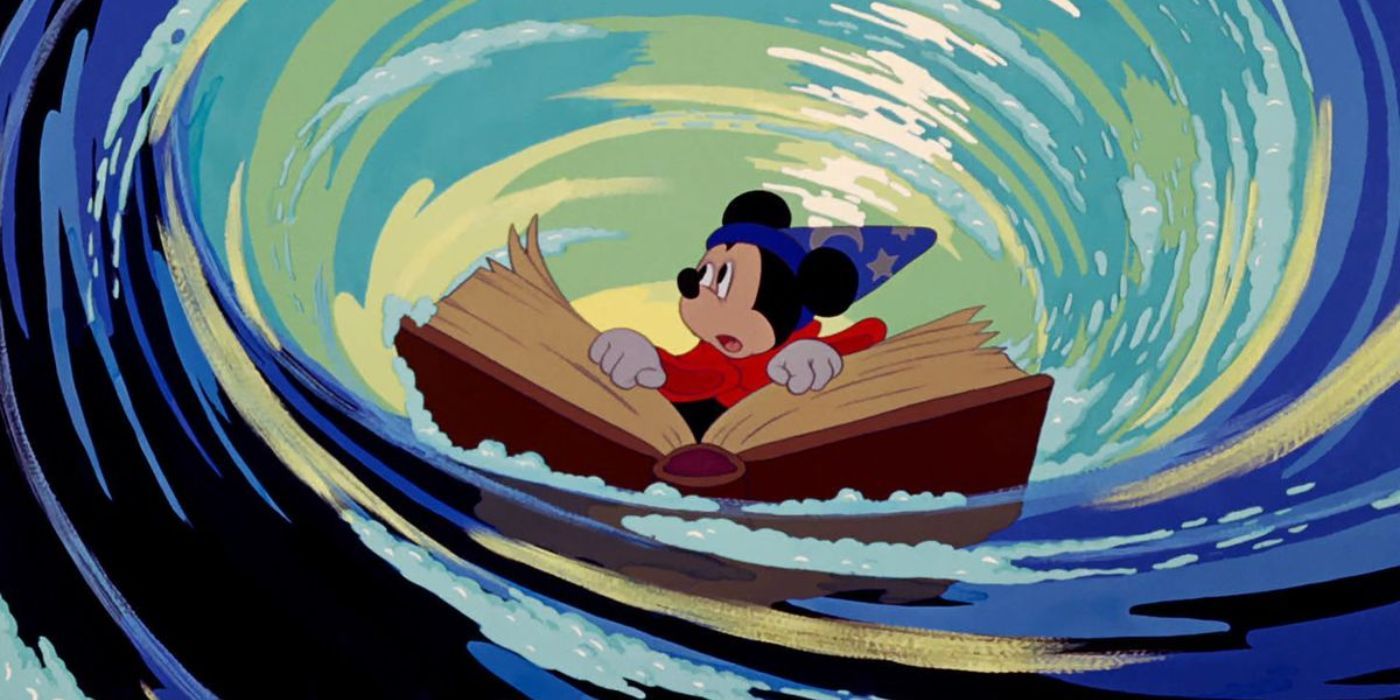 Mickey Mouse floating in water on a book