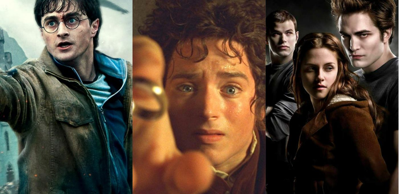 A tri-split image showing (from left to right) images from Harry Potter, The Lord of the Rings, and Twilight.