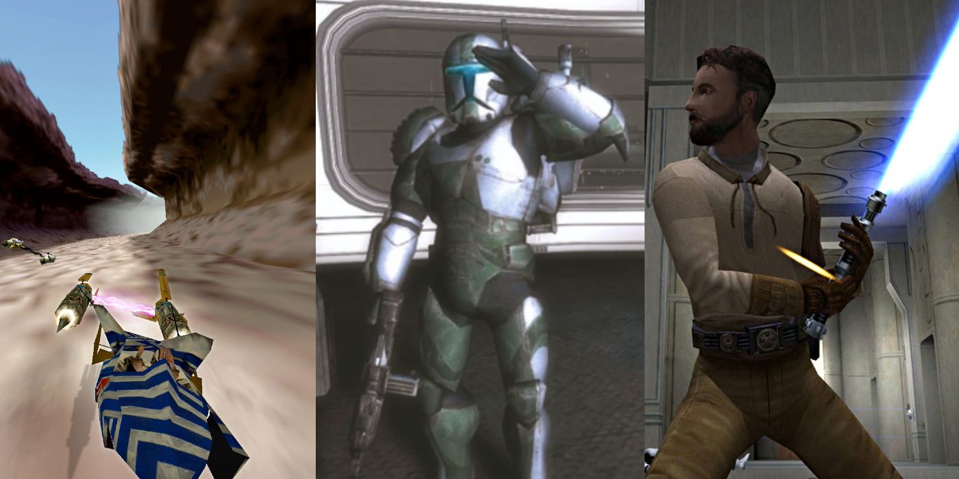 Split Image screenshots from Star Wars Episode 1 Racer, Republic Commander and Jedi Knight Jedi Outcast
