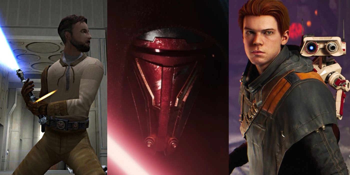 split image of star wars video game characters Cal and Darth Revan