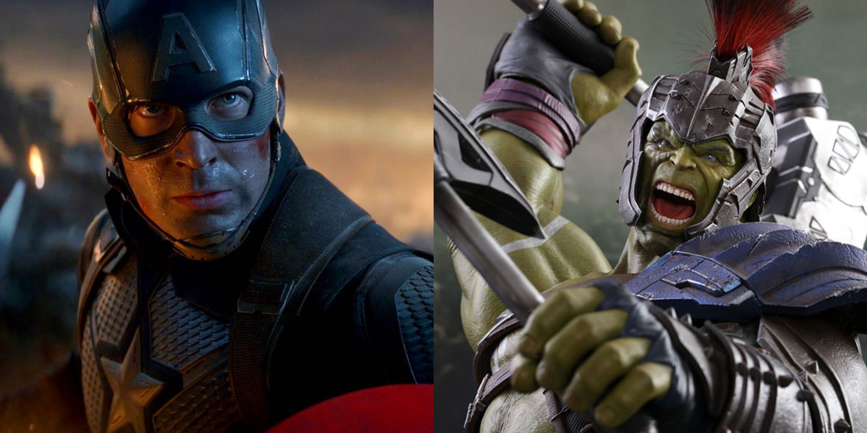 Featured image Captain America picking up Mjolnir in Avengers Endgame and Gladiator Hulk in Thor Ragnarok