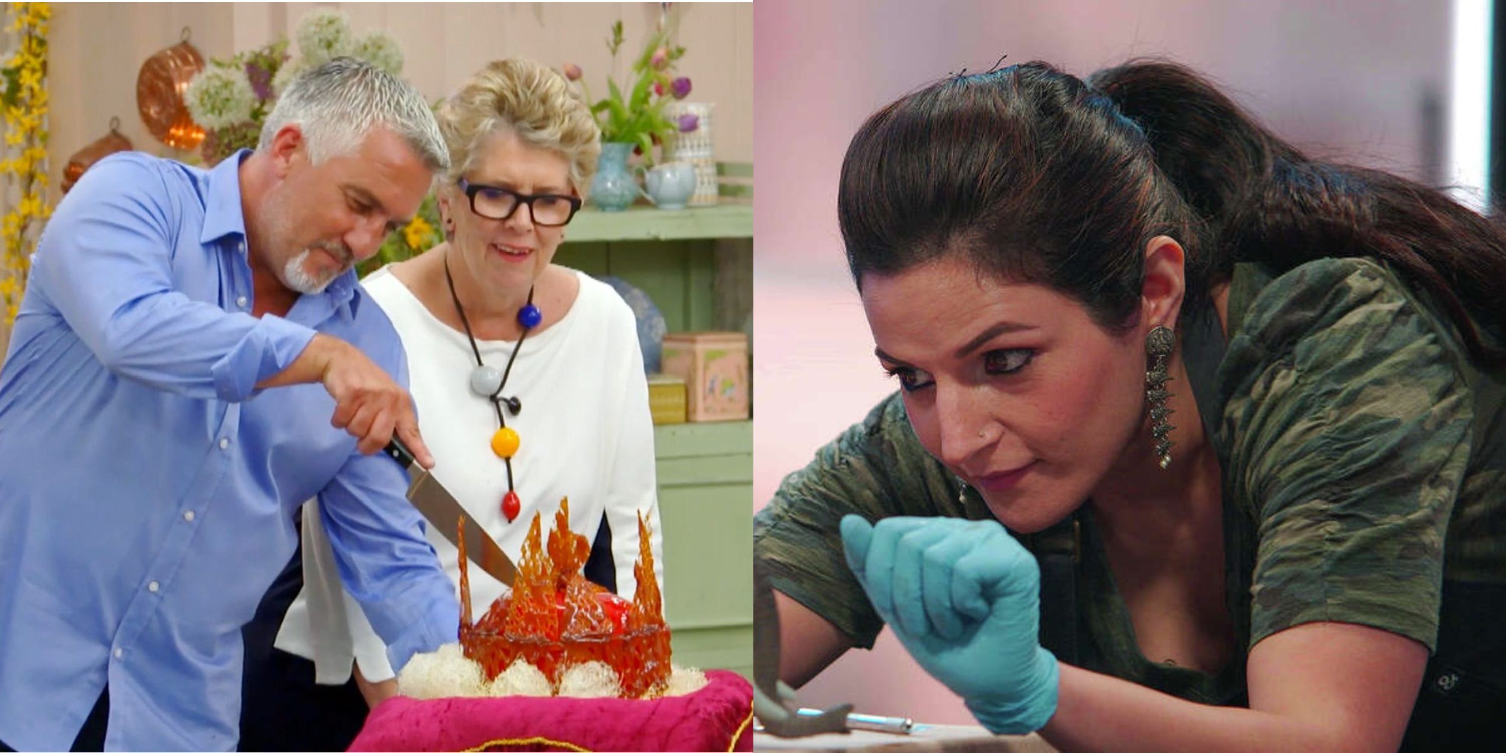 Featured image paul and Prue in The great British Baking Show and a contestant on Baking It