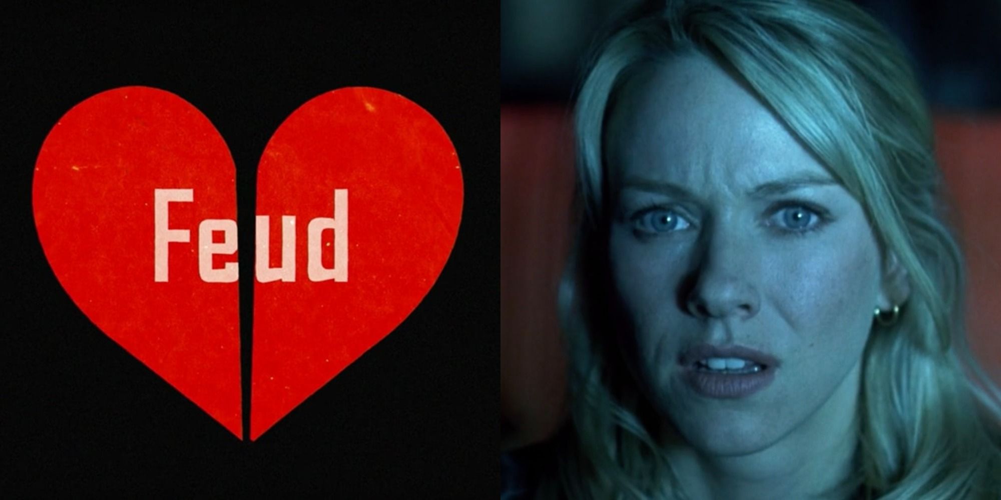 Split image of the main titles of FX's Feud and Season 2 star Naomi Watts