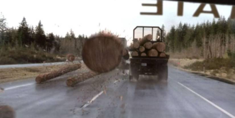The log truck from Final Destinations losing its load. 