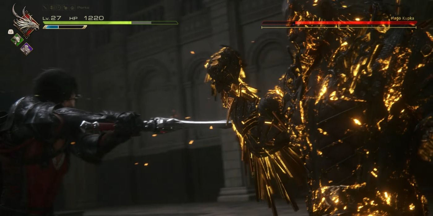 Final Fantasy 16 Clive Kupka thrust sword into glowing armored enemy