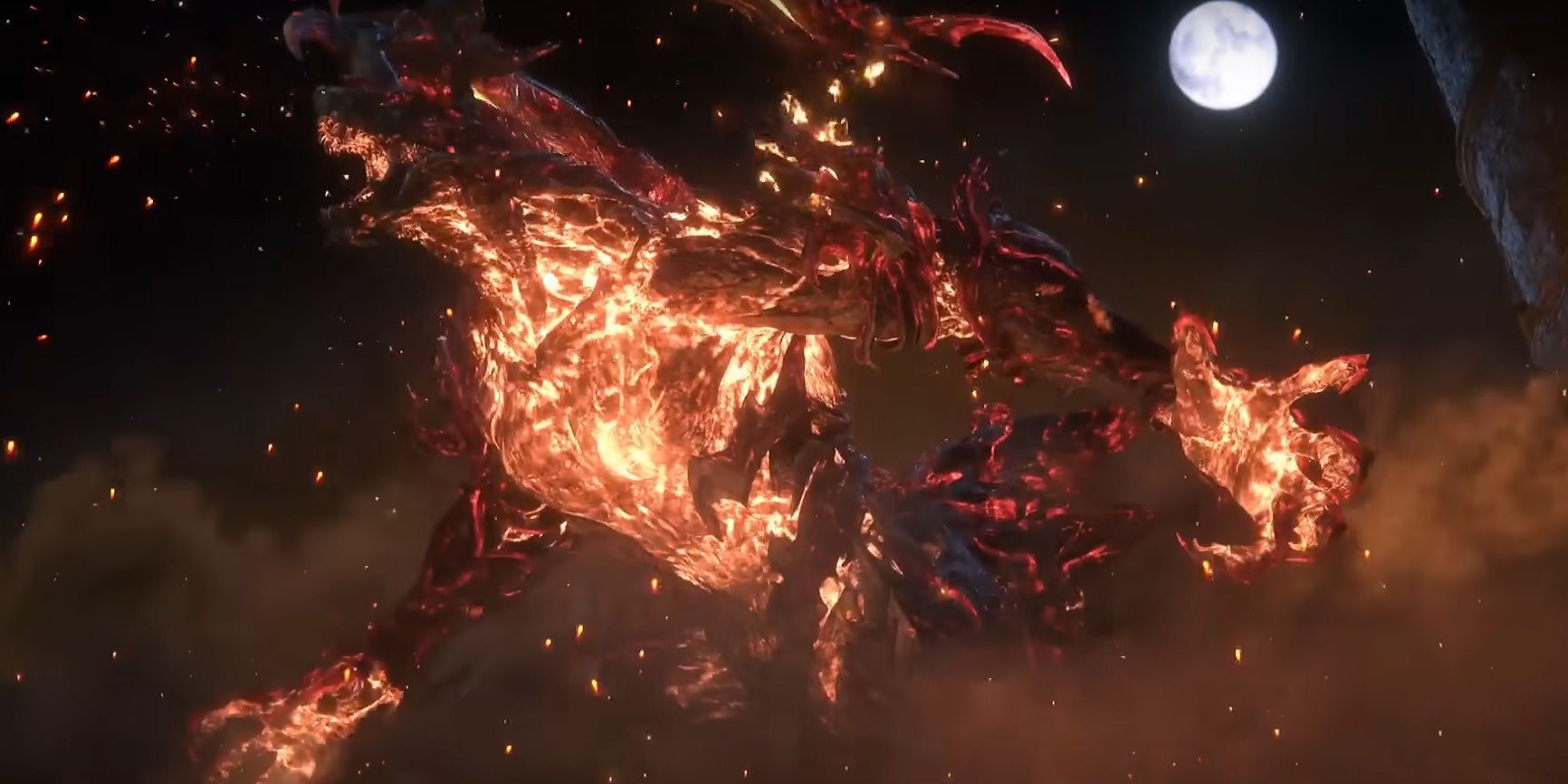 Final Fantasy 16's Eikon Ifrit, which looks like a flaming, almost draconic being, roaring into the night sky with a full moon in the background.