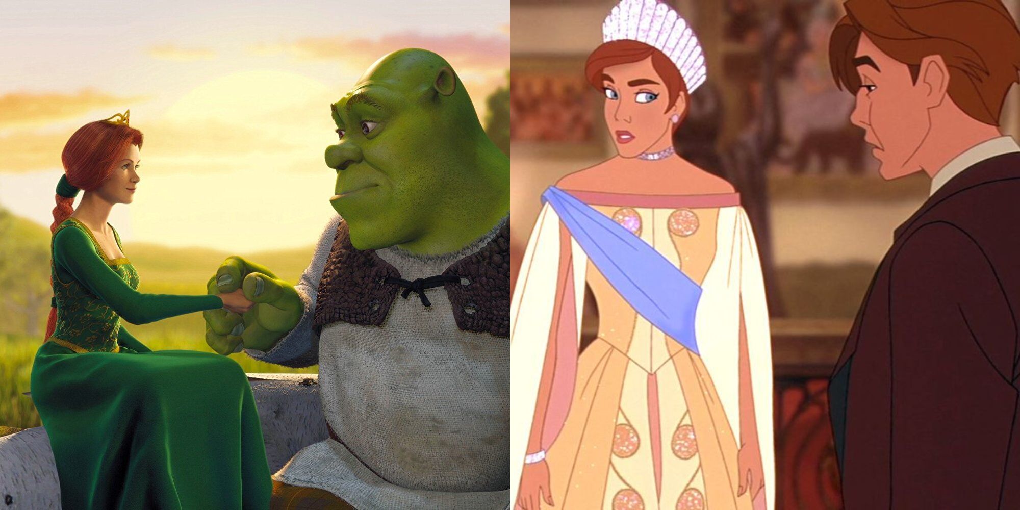 Split image showing Fiona and Shrek in Shrek and Anastasia and Dimitri in Anastasia.