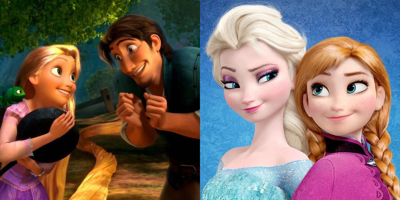 Flynn and Rapunzel next to Elsa and Anna