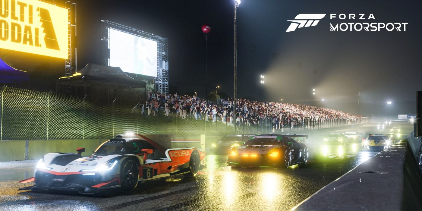 Still of cars lining up to race at night in Forza Motorsport.