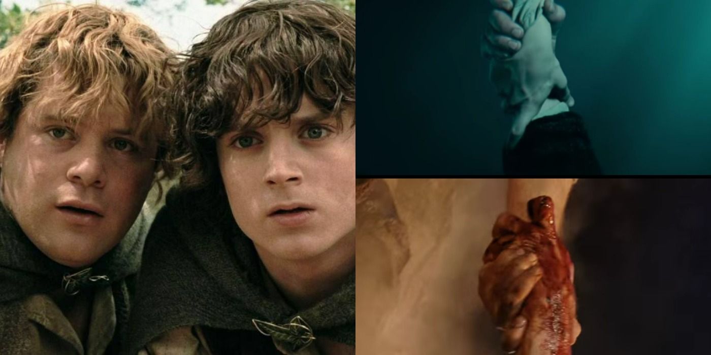 a split image showing Frodo and Sam huddled together on the left and photos of Frodo and Sam saving each other by grabbing their hands on the right. 