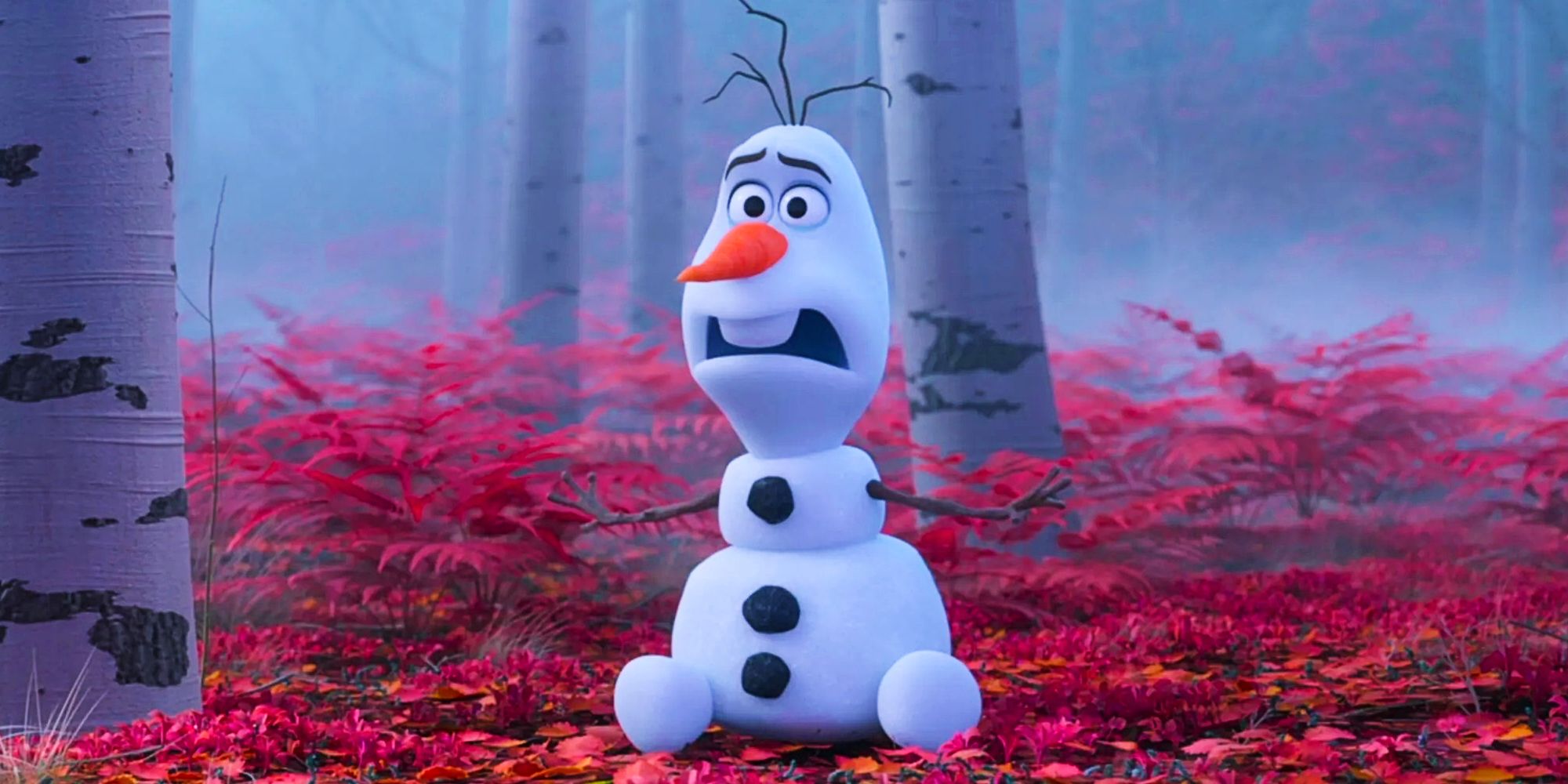 Olaf in a forest looking worried in Frozen 2