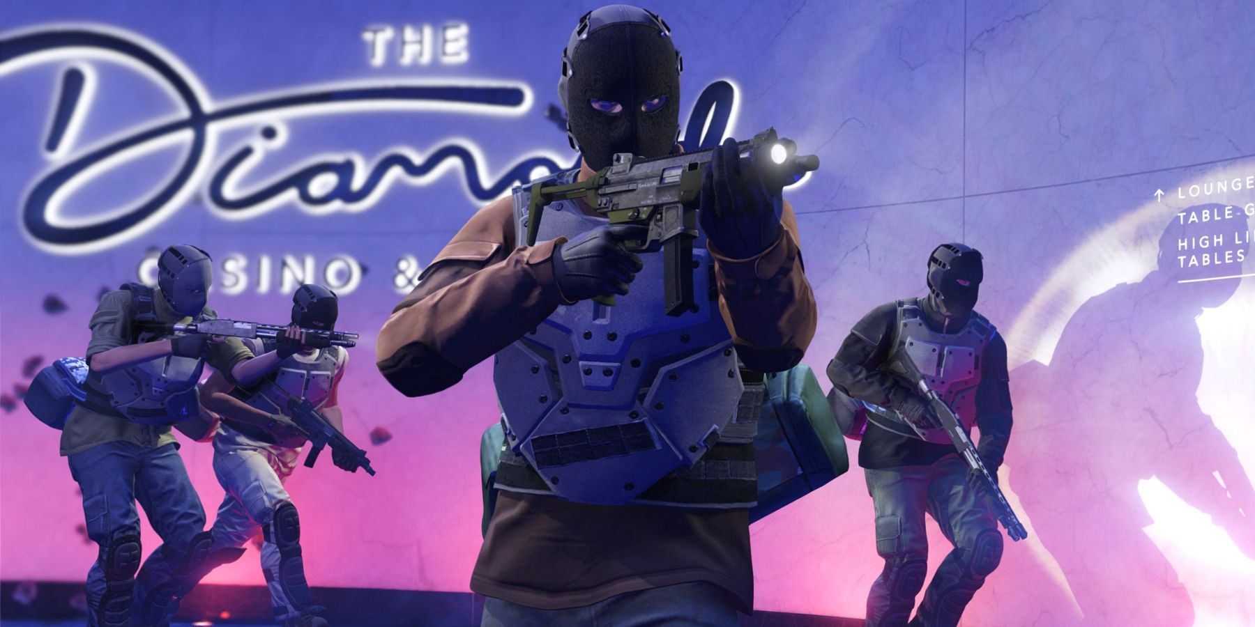 Promo image for the GTA Online Diamond Casino heist which shows heavily armed people raiding the casino floor.