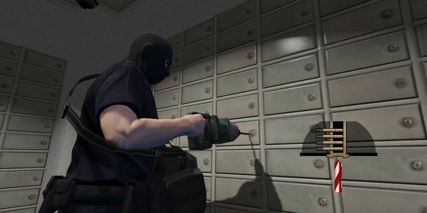 A bank robber breaking into a lockbox in GTA Online's Fleeca Job