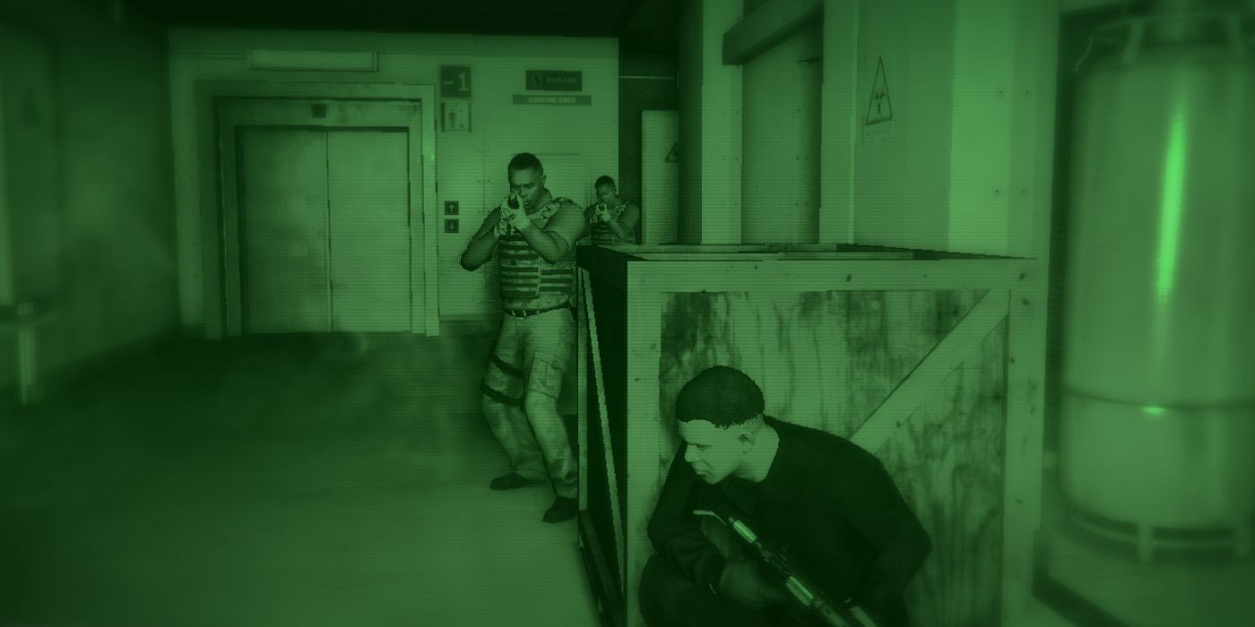 A night vision shot of a man holding a gun while raiding GTA Online's Humane Labs