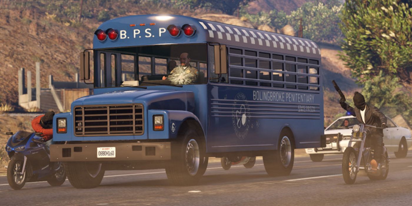 A prison bus surrounded by motorcycles in GTA Online's Prison Break mission
