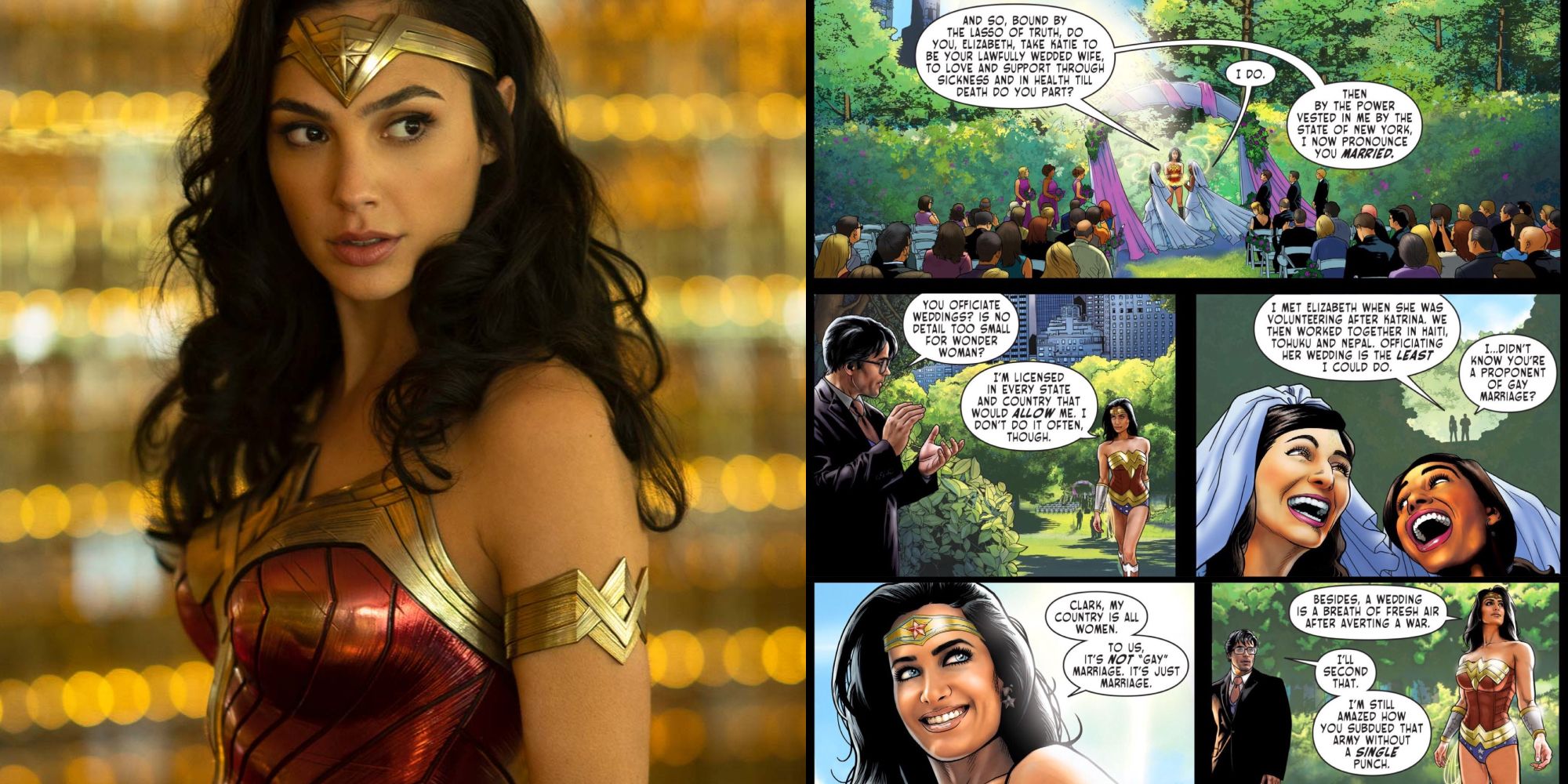 Gal Gadot in Wonder Woman 1984 and officiating lesbian wedding in comic with Clark Kent