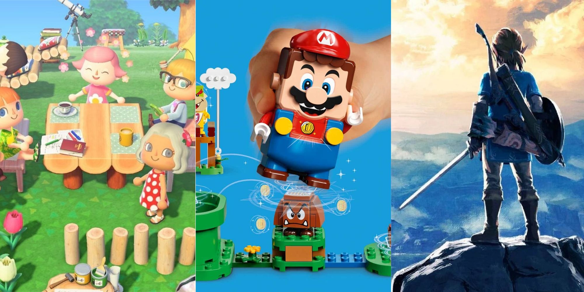 Split image of Animal Crossing, Lego Mario, and Breath of the Wild