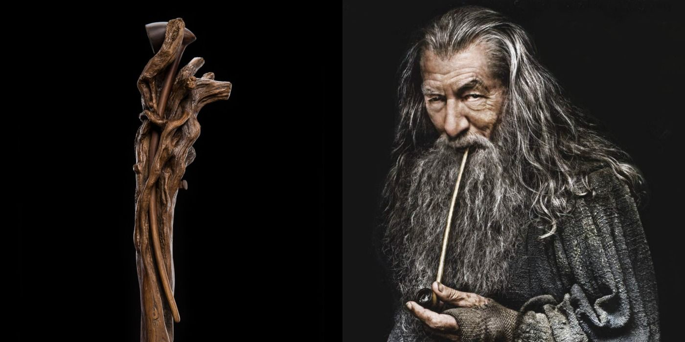 A split image showing Gandalf's staff with a pipe secretly placed in it and Gandalf smoking on the right from The Lord of the Rings. 