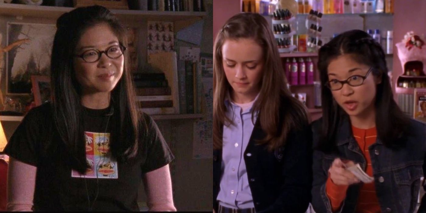 Split image of Lane and Rory and Lane on Gilmore Girls