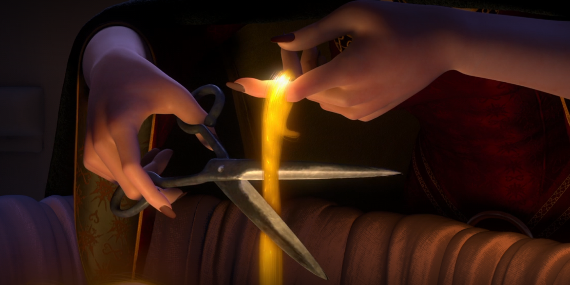Mother Gothel cuts Rapunzel's magic hair.