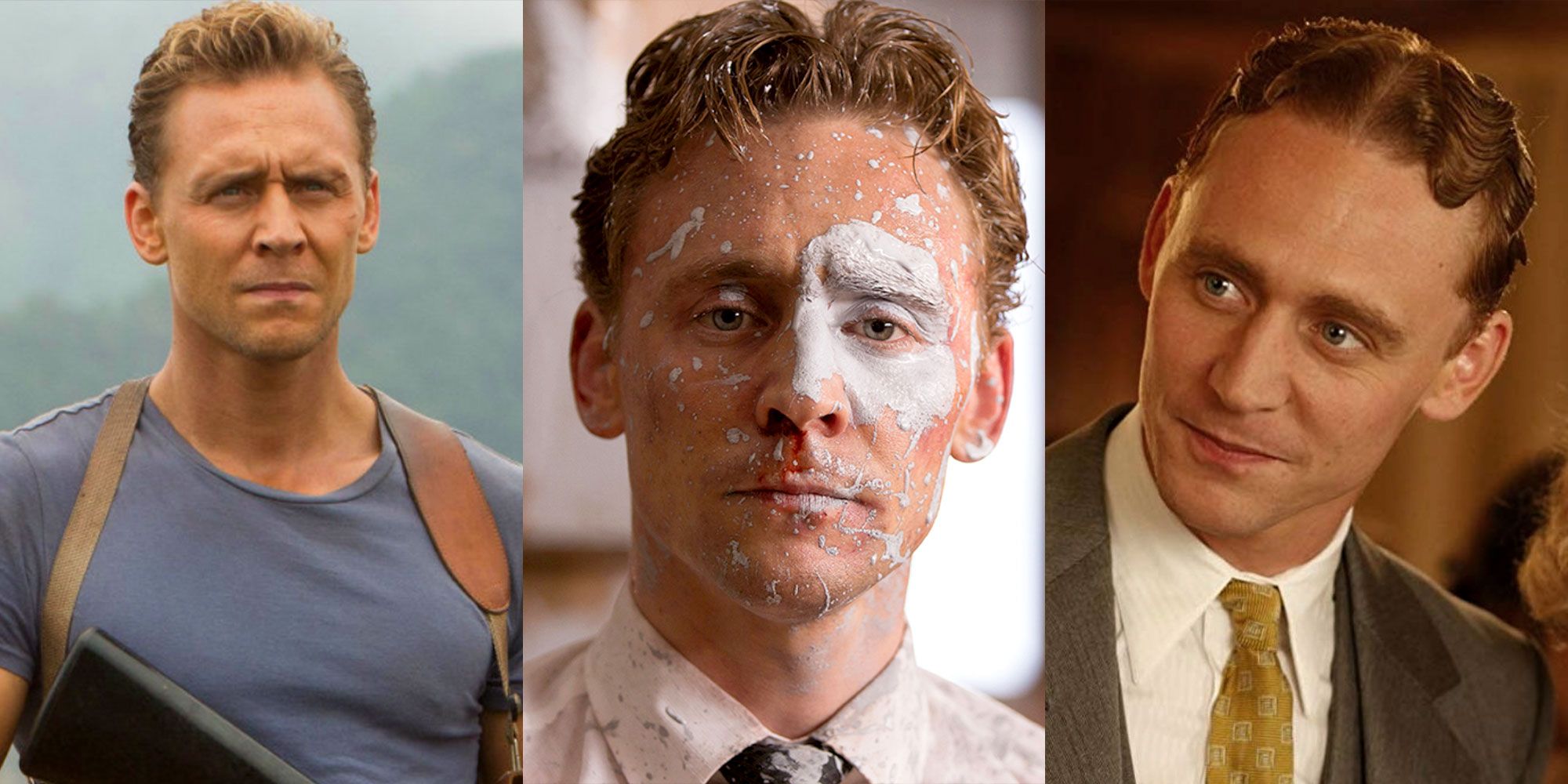 Three side by side images of Tom Hiddleston