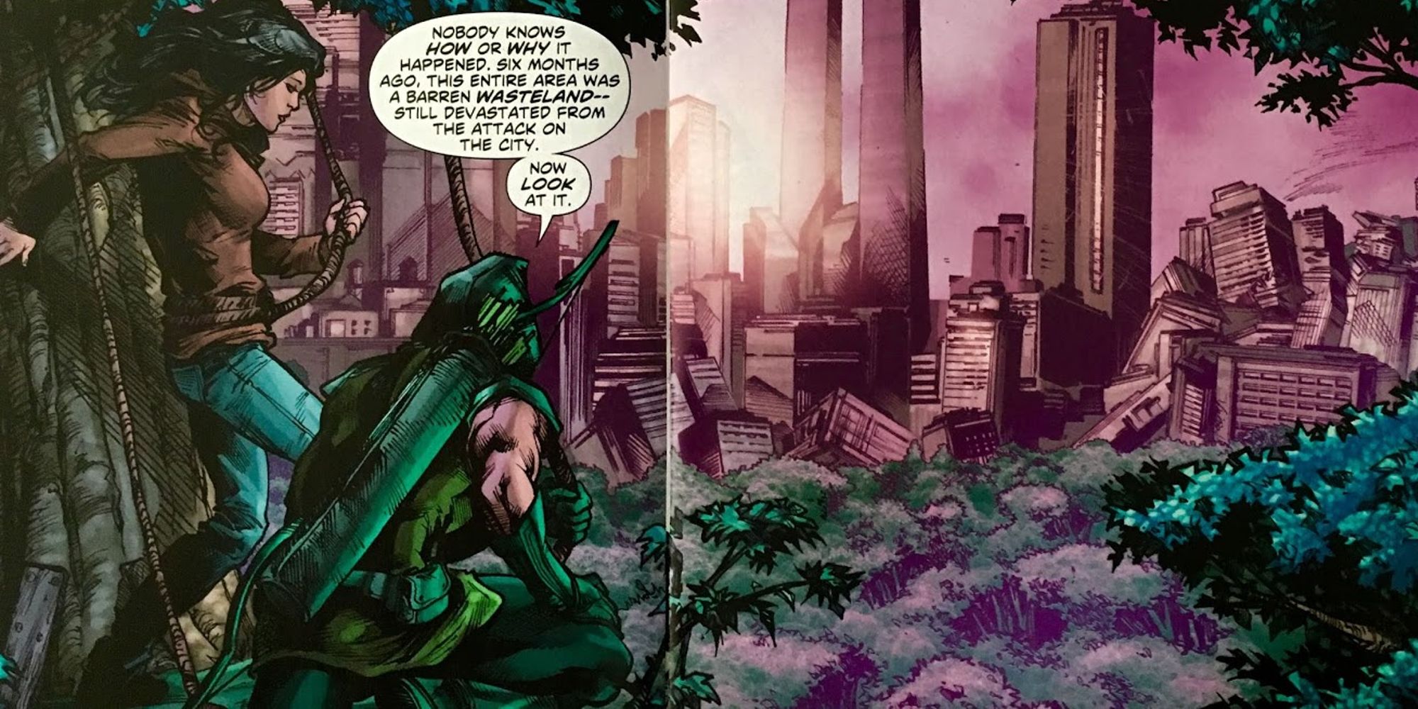 Green Arrow overlooking a destroyed Star City in Green Arrow #1