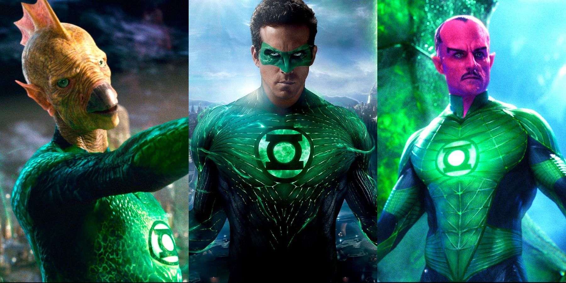 Split image: Character posters of Tomar-Re, Hal Jordan and Sinestro in the Green Lantern movie.