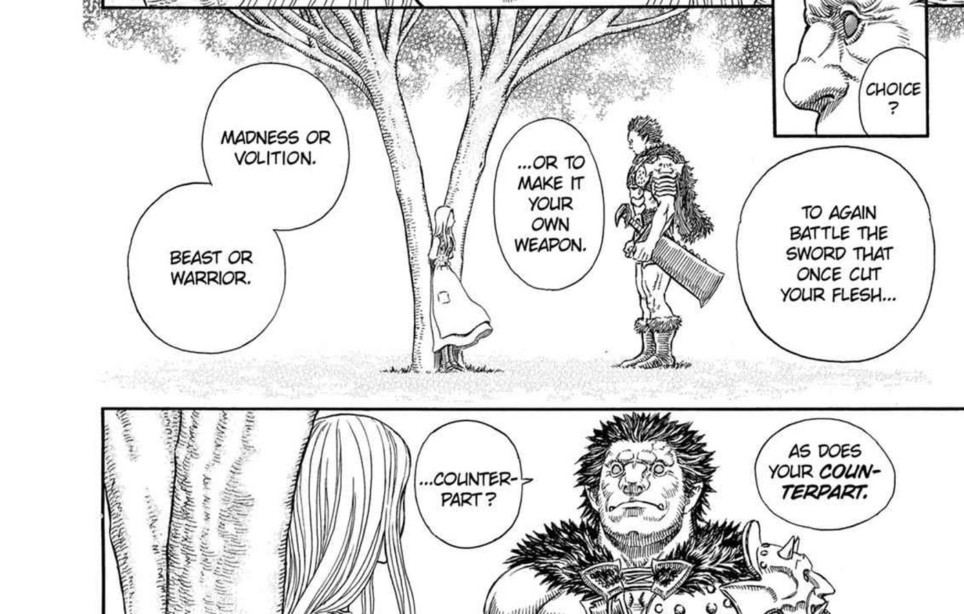 Griffith's medium Sonia gives the apostle Zodd the Immortal a prophesy connecting him to Guts in Berserk chapter 277.