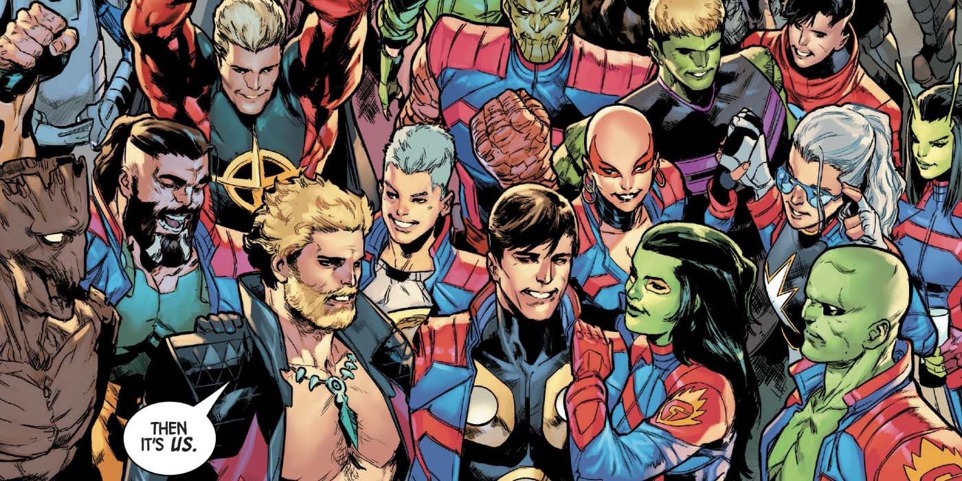 Senhor das Estrelas, Gamora, Nova, Drax, o Destruidor, Hulkling, Wiccan, Mantis e o resto dos Guardiões da Galáxia