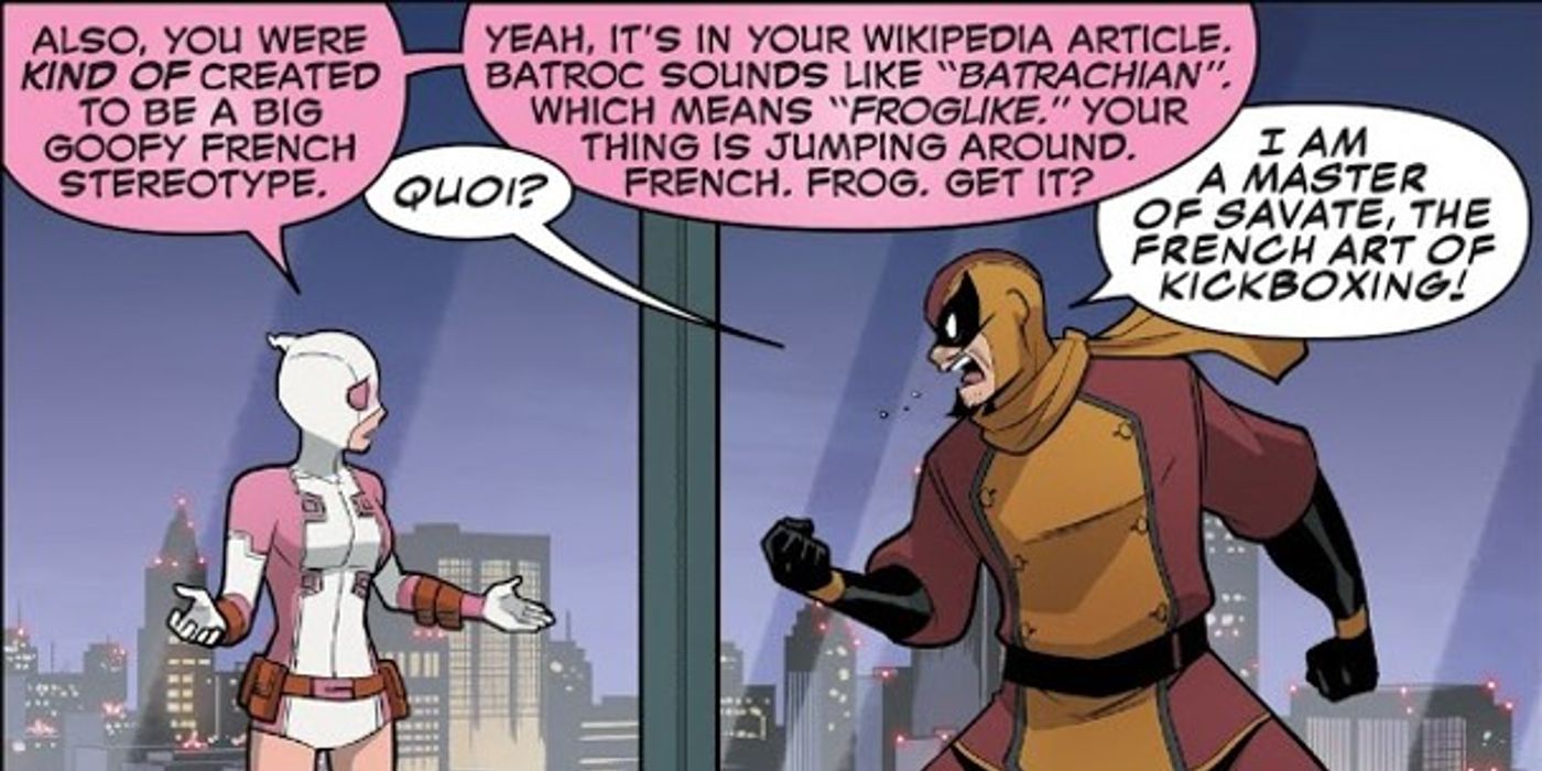 Gwenpool confronts Batroc the Leaper.