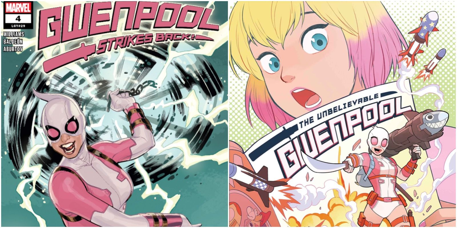 A split image of Gwenpool in the comics