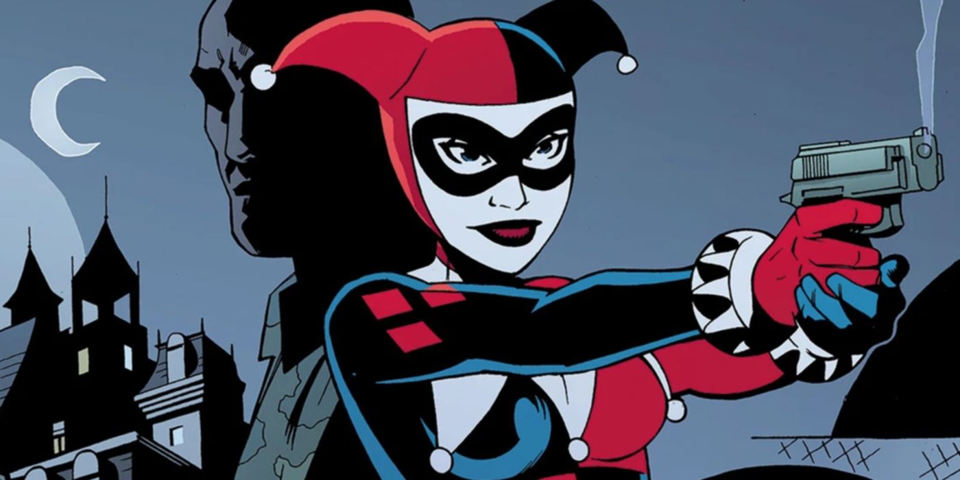 Harley Quinn points a gun in DC Comics.
